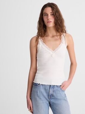Madewell Ivory Lace-Trim Ribbed V-Neck Tank